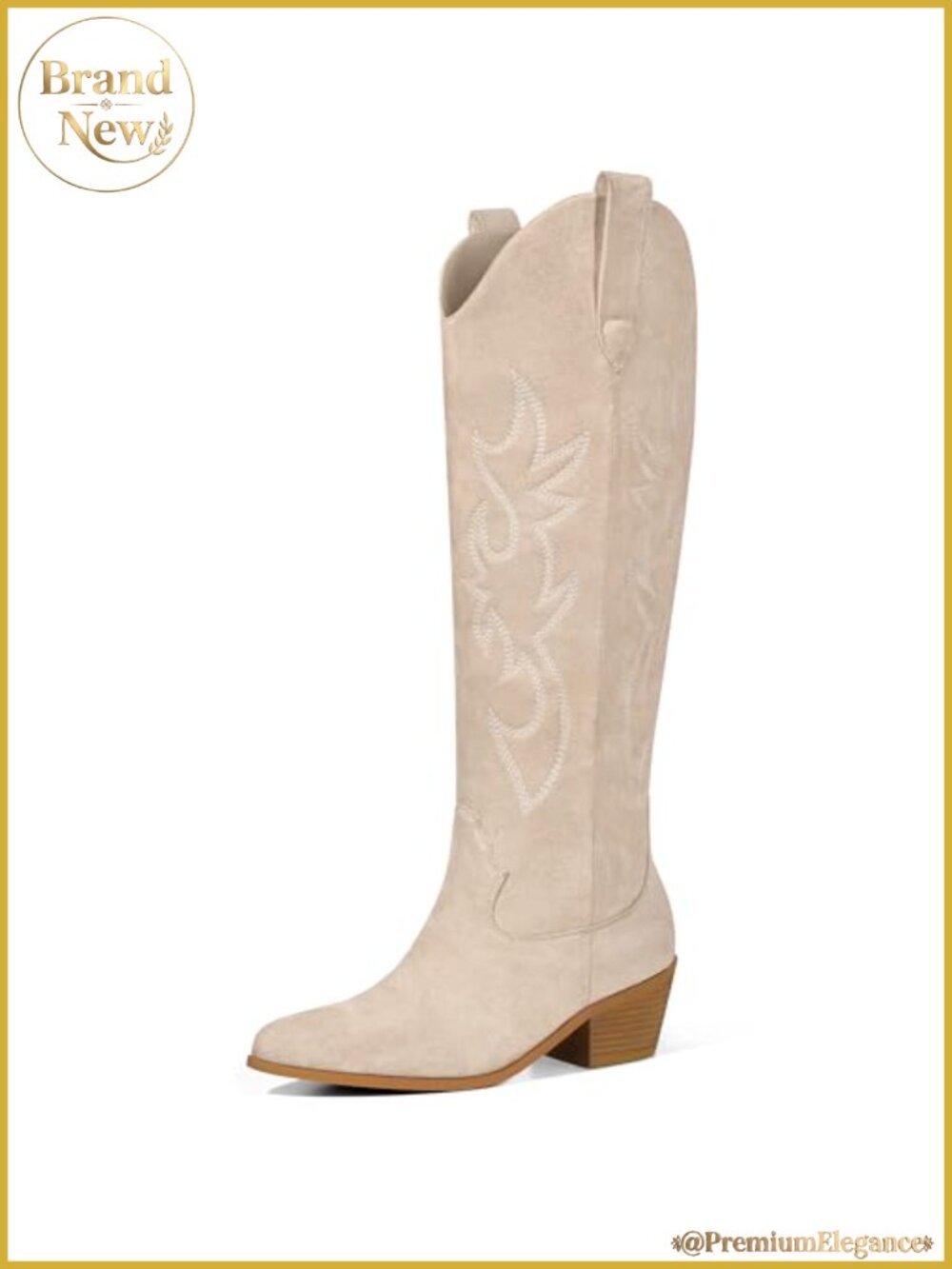 Women's Suede Western Cowboy Knee High Boots Embroidered Almond Toe Block Heel